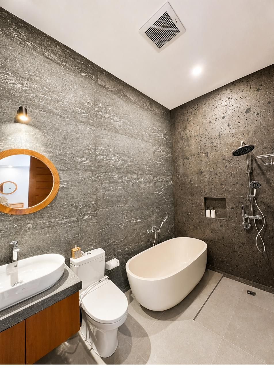 Bathroom with freestanding tub and rain shower
